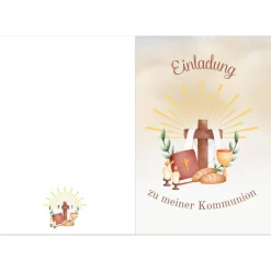 Kommunionseinladungskarten 10er-Set, Kommunionseinladungen mit christlichen Symbolen, Einladung Erstkommunion