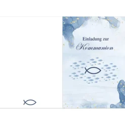 Kommunionseinladungskarten 10er-Set in Blau, Kommunionseinladungen mit Fischsymbol, maritime Kommunionseinladung