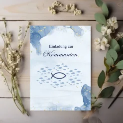 Kommunionseinladungskarten 10er-Set in Blau, Kommunionseinladungen mit Fischsymbol, maritime Kommunionseinladung