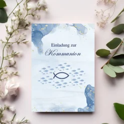 Kommunionseinladungskarten 10er-Set in Blau, Kommunionseinladungen mit Fischsymbol, maritime Kommunionseinladung