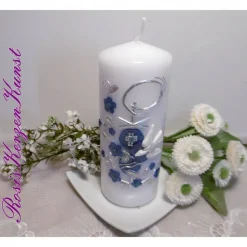 Kommunionskerze " Petrus-Kreuz " mit christlichen Symbolen und Blütenranke * Patenkerze * Tischkerze