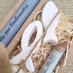 Konfirmation Geldgeschenk Konfirmationsgeschenk Geschenkset zwei Fische und Kerzenhalter rund Reagenzglas Jungen Mädchen