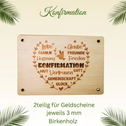 Konfirmation-Geldgeschenkkarten aus Birkenholz, 2teilig, 1teilig, Lasergravur, personalisierbar
