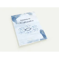 Konfirmationseinladungskarte 10er-Set in Blau, Konfirmationseinladungen mit Fischsymbol, maritime Konfirmationseinladung