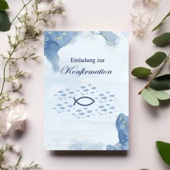 Konfirmationseinladungskarte 10er-Set in Blau, Konfirmationseinladungen mit Fischsymbol, maritime Konfirmationseinladung