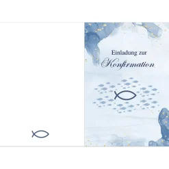 Konfirmationseinladungskarte 10er-Set in Blau, Konfirmationseinladungen mit Fischsymbol, maritime Konfirmationseinladung