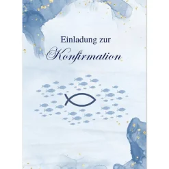 Konfirmationseinladungskarte 10er-Set in Blau, Konfirmationseinladungen mit Fischsymbol, maritime Konfirmationseinladung