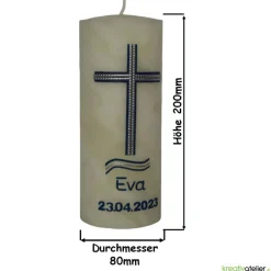 Konfirmationskerze aus Bienenwachs mit Kreuz und Wellen – Blau-Silber, handgefertigt