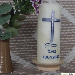 Konfirmationskerze aus Bienenwachs mit Kreuz und Wellen – Blau-Silber, handgefertigt