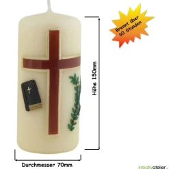 Konfirmationskerze in Elfenbein mit braunem Kreuz & Bibel – Optional mit Konfirmationsspruch