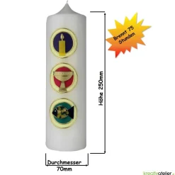 Konfirmationskerze Markus – Weiße Kerze mit drei Kacheln und christlichen Symbolen Licht, Kelch und Fisch