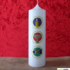 Konfirmationskerze Markus – Weiße Kerze mit drei Kacheln und christlichen Symbolen Licht, Kelch und Fisch