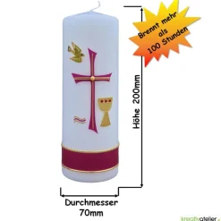 Konfirmationskerze mit byzantinischem Kreuz, Taube, Wellen & Kelch – Weiß, personalisierbar