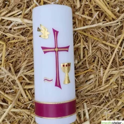 Konfirmationskerze mit byzantinischem Kreuz, Taube, Wellen & Kelch – Weiß, personalisierbar