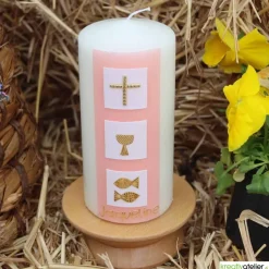 Konfirmationskerze mit drei weißen Kacheln & christlichen Symbolen – Elfenbein, personalisierbar