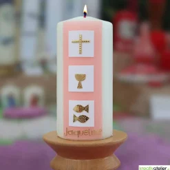 Konfirmationskerze mit drei weißen Kacheln & christlichen Symbolen – Elfenbein, personalisierbar
