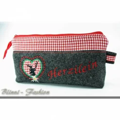 Kosmetiktasche,  Krims-Krams-Täschchen Oktoberfest - Hirsch & Herz, Trachten, grau-rote Tasche, Kosmetikbeutel