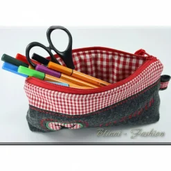 Kosmetiktasche,  Krims-Krams-Täschchen Oktoberfest - Hirsch & Herz, Trachten, grau-rote Tasche, Kosmetikbeutel