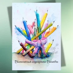 Kreative Einschulungskarte: Blumenstrauß aus Bleistiften – Postkarte DIN A6 auf Kraftpapier