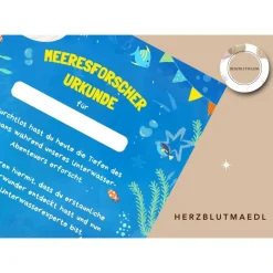 Kreative Urkunden Kindergeburtstag mit Meerestieren | Personalisierte Meeresforscher Urkunde für Kindergeburtstag |