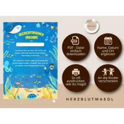 Kreative Urkunden Kindergeburtstag mit Meerestieren | Personalisierte Meeresforscher Urkunde für Kindergeburtstag |