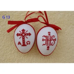 Kreuzstich Osterei Handarbeit gestickt  religiöses Motiv   9cm, rot weiß,