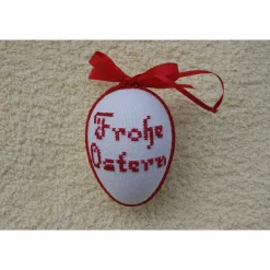 Kreuzstich Osterei Handarbeit gestickt  religiöses Motiv   9cm, rot weiß,