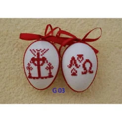 Kreuzstich Osterei Handarbeit gestickt  religiöses Motiv   9cm, rot weiß,