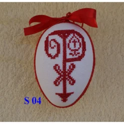 Kreuzstich Osterei Handarbeit gestickt  religiöses Motiv   12cm, rot weiß,