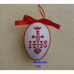 Kreuzstich Osterei Handarbeit gestickt  religiöses Motiv   12cm, rot weiß,