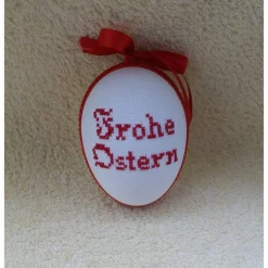 Kreuzstich Osterei Handarbeit gestickt  religiöses Motiv   12cm, rot weiß,