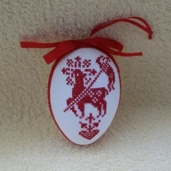 Kreuzstich Osterei Handarbeit gestickt  religiöses Motiv   12cm, rot weiß,