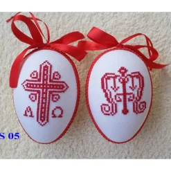 Kreuzstich Osterei Handarbeit gestickt  religiöses Motiv   12cm, rot weiß,