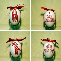 Kreuzwegstationen, Kreuzstich Ostereier, Handarbeit gestickt  religiöse Motive  12cm, rot weiß, Osterdeko