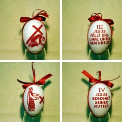 Kreuzwegstationen, Kreuzstich Ostereier, Handarbeit gestickt  religiöse Motive  12cm, rot weiß, Osterdeko