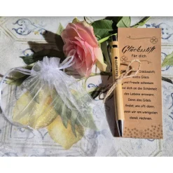 Kugelschreiber Holz Glücksstift personalisiert mit Karte & Organza Säckchen – Geschenkidee