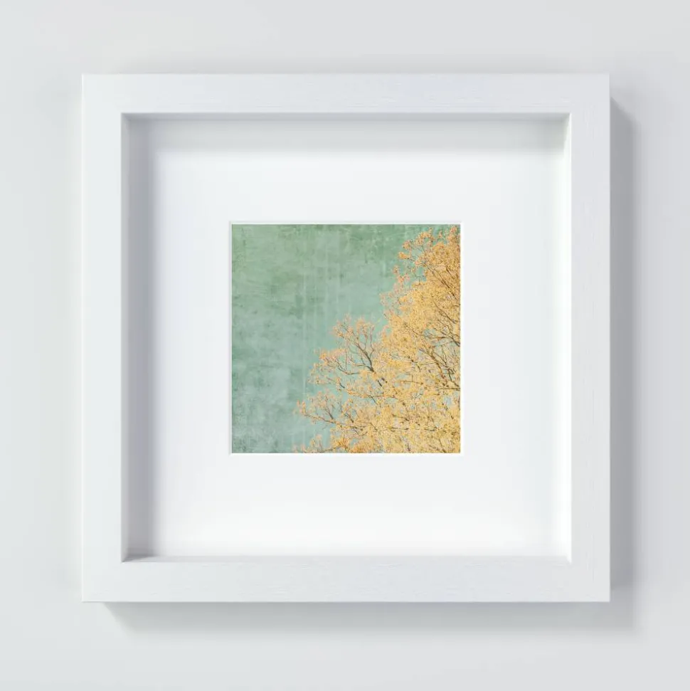 Kunstdruck im Vintage-Look, gelber Baum im Frühling vor grünem Hintergrund, Größen 13 x 13 cm + 20 x 20 cm