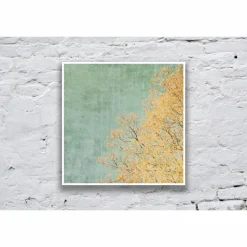 Kunstdruck im Vintage-Look, gelber Baum im Frühling vor grünem Hintergrund, Größen 13 x 13 cm + 20 x 20 cm