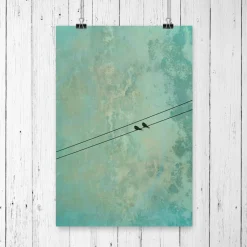 Kunstdruck "In Love", verliebtes Vogelpaar auf der Stromleitung, marmoriert, für Verliebte, Hochzeit