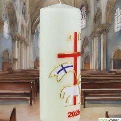 Lamm der Hoffnung – Handverzierte christliche Osterkerze mit Christuslamm, Kreuz & Alpha/Omega, Echtwachskunst