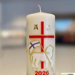 Lamm der Hoffnung – Handverzierte christliche Osterkerze mit Christuslamm, Kreuz & Alpha/Omega, Echtwachskunst