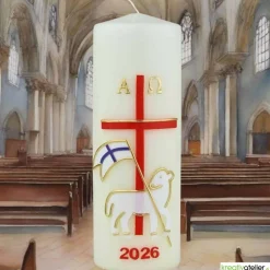 Lamm der Hoffnung – Handverzierte christliche Osterkerze mit Christuslamm, Kreuz & Alpha/Omega, Echtwachskunst