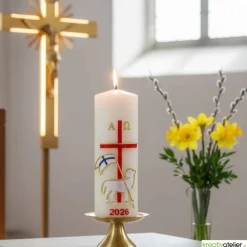 Lamm der Hoffnung – Handverzierte christliche Osterkerze mit Christuslamm, Kreuz & Alpha/Omega, Echtwachskunst