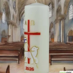 Lamm der Hoffnung – Handverzierte christliche Osterkerze mit Christuslamm, Kreuz & Alpha/Omega, Echtwachskunst