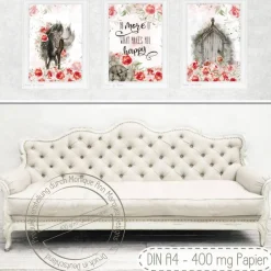 Landhaus Stil Poster Set | Do more of what makes you happy | Romantik Rosen Pferd Einhorn Bilder [A4]