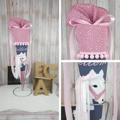 Last Minute Schultüte mit Name | Pferdekopf | dunkelgrau/mauve Tupfen | 1 Woche Versand |