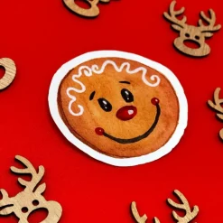 Lebkuchengesicht Vinylsticker – weißer Weihnachtsaufkleber | handgemachte Aquarellkunst