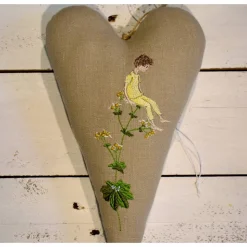 Leinen Herz, beige, Stickerei Wiesenkräuter