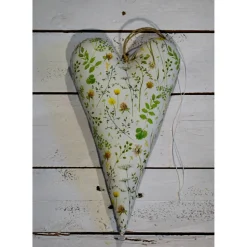 Leinen Herz, beige, Stickerei Wiesenkräuter