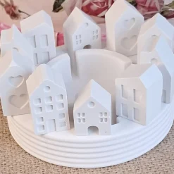 Lichterkranz Teelichthalter Häuserkranz | weiße Raysin Deko Lichthäuser | Kerzenteller | Lichterstadt Geschenkidee mini